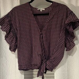 Madewell Checkered Ruffle Sleeve Crop Blouse in Navy and Pink